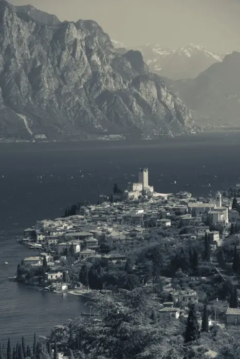 Framed Print : Italy, Veneto, Lake District, Lake Garda, Malcesine, aerial town view Framed Print : Italy, Veneto, Lake District, Lake Garda, Malcesine, aerial town view