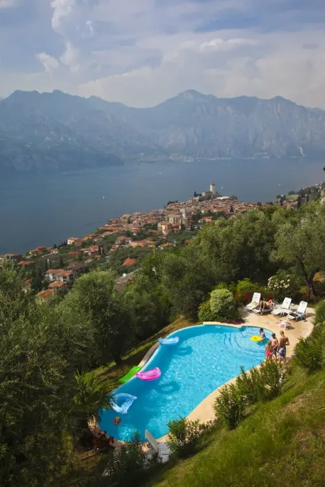 Framed Print : Italy, Veneto, Lake District, Lake Garda, Malcesine, hillside pool and town Framed Print : Italy, Veneto, Lake District, Lake Garda, Malcesine, hillside pool and town