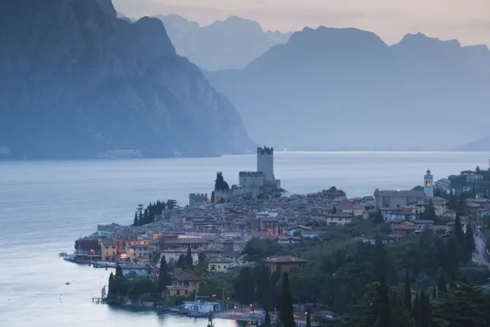 Framed Print : Italy, Veneto, Lake District, Lake Garda, Malcesine, aerial town view
