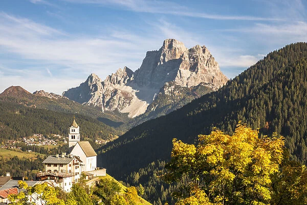 Italy, Veneto, province of Belluno, the iconic church of Colle Santa Lucia with mount