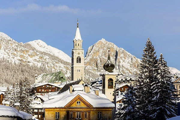 Italy, Veneto, province of Belluno, Boite Valley, the church tower of the Basilica of Cortina
