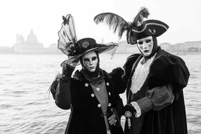 Framed Print : Italy, Veneto, Venice, a black and white version of a couple in costume in front of Salute during the Venice Carnival Framed Print : Italy, Veneto, Venice, a black and white version of a couple in costume in front of Salute during the Venice Carnival