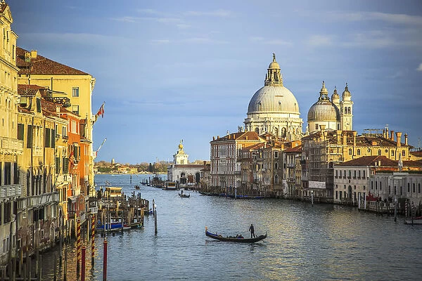 Italy, Veneto, Venice. Gondola on Grand Canal and Santa Maria della Salute church