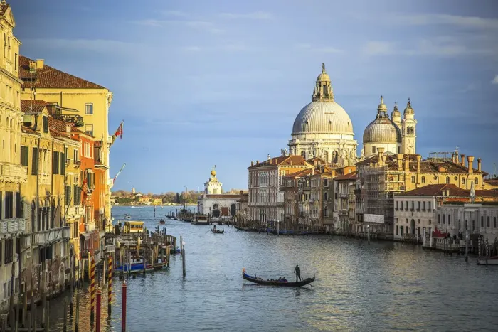 Framed Print : Italy, Veneto, Venice. Gondola on Grand Canal and Santa Maria della Salute church