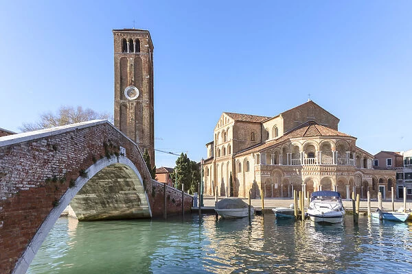 Italy, Veneto, Venice, Murano island. Bridge and Duomo dei Santi Maria e Donato church