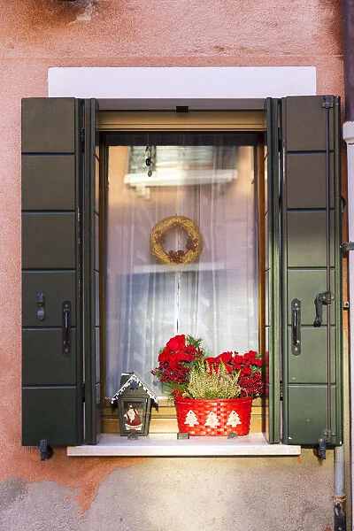 Italy, Veneto, Venice, Murano island. Typical window decorated for Christmas