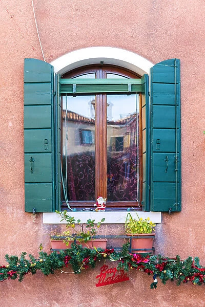 Italy, Veneto, Venice, Murano island. Typical window decorated for Christmas