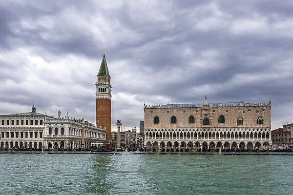 Italy, Veneto, Venice. Palazzo Ducale, San Marco bell tower, the Library and Procuratie