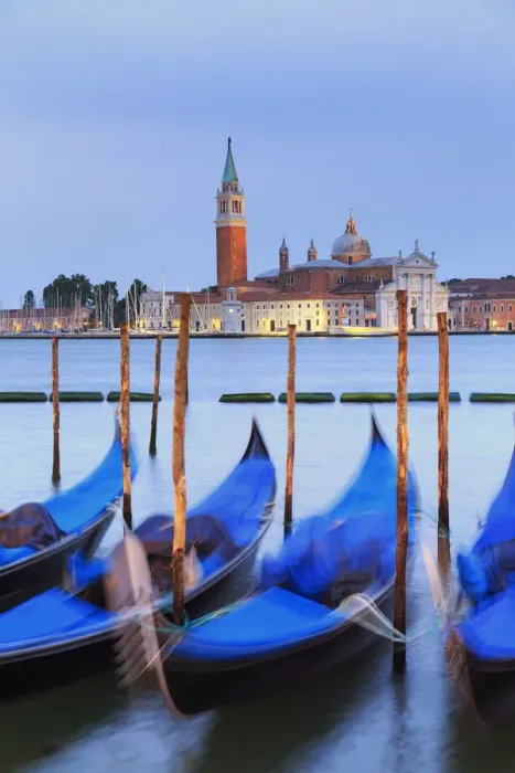Framed Print : Italy, Veneto, Venice, Sestiere of San Marco, Moored gondolas with San Giorgio Maggiore