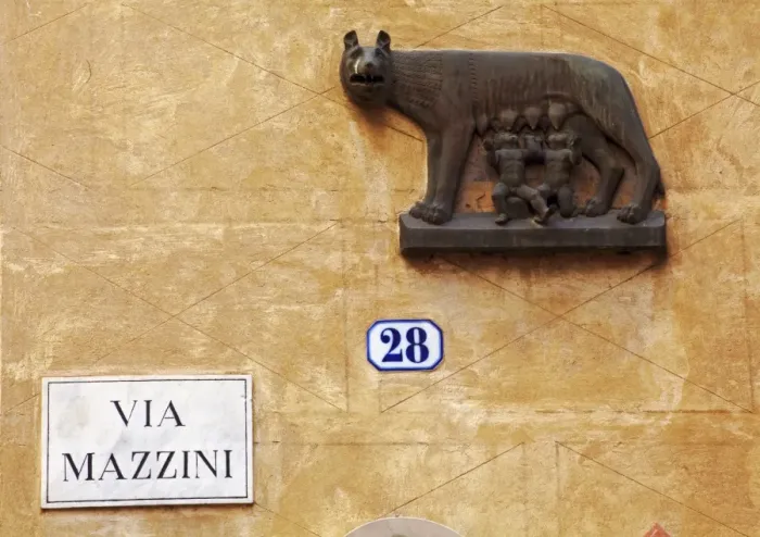 Framed Print : Italy, Veneto, Verona, Western Europe; The symbol of Rome, on a wall named after statesman Giuseppe Mazzini