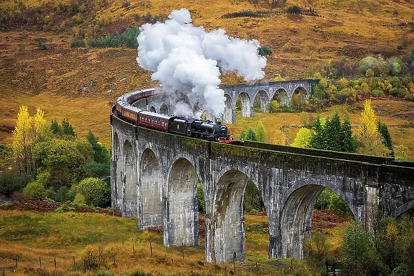Jacobite steam train crossing Glenfinnan viaduct, Scottish Highlands, Scotland, UK