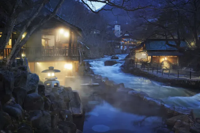 Framed Print : Japan, Gunma Prefecture, Takaragawa Onsen, outdoor hot springs along Takaragawa river