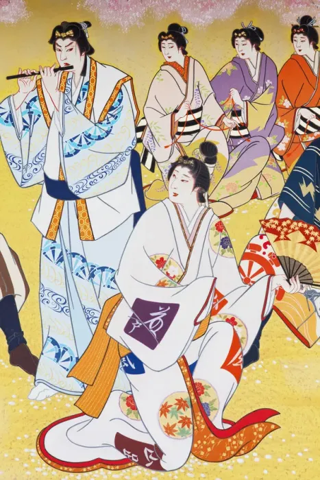 Framed Print : Japan, Kyoto, Gion, Minami Za Kabuki Theater, Detail of Ukiyo-e Painting depicting Framed Print : Japan, Kyoto, Gion, Minami Za Kabuki Theater, Detail of Ukiyo-e Painting depicting