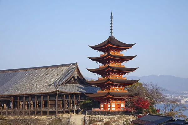 Japan, Miyajima Island, Hokoku Shrine, The Five Storied Pagoda and Senjokaku Hall