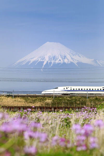 Japan, Shizuoka Prefecture, Yoshiwara, Mt Fuji and Shinkansen Series N700A bullet train