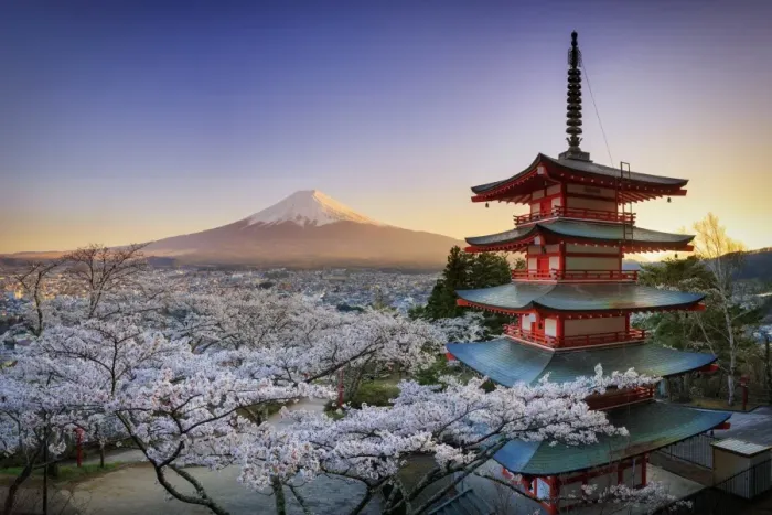 Framed Print : Japan, Yamanashi Prefecture, Fuji-Yoshida, Chureito Pagoda, Mt Fuji and Cherry Blossoms