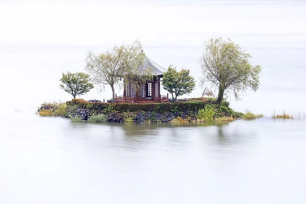 Japan, Yamanashi Prefecture, lake Kawaguchi, a pavillion on an island on lake Kawaguchi