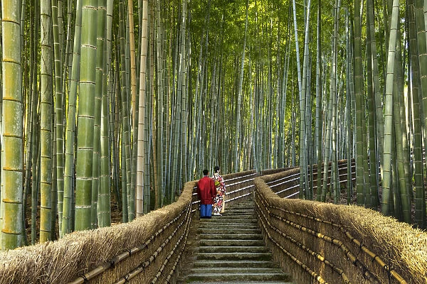 Japanese Couple on Steps Through Bamboo Forest, Adashino Nembutsu-ji Temple, Arashiyama