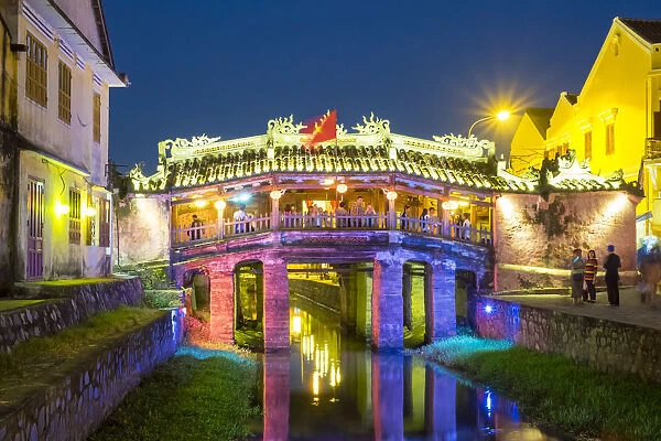 The Japanese Covered Bridge in Hoi An ancient town at night, Hoi An, Quang Nam Province
