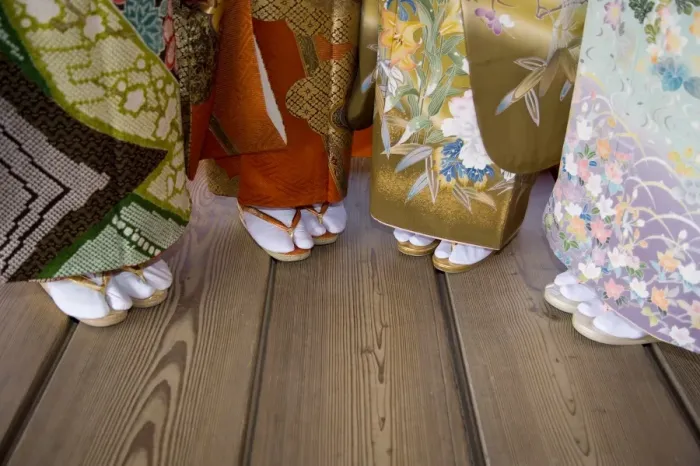Framed Print : Japanese Kimonos & Geta slippers, Miyajima, Hiroshima, Japan Framed Print : Japanese Kimonos & Geta slippers, Miyajima, Hiroshima, Japan