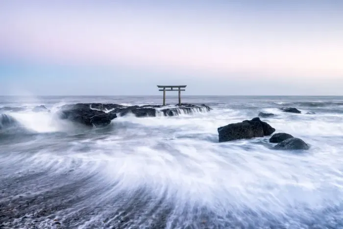 Framed Print : Japanese torii gate at the coast, Ibaraki, Oarai, Japan