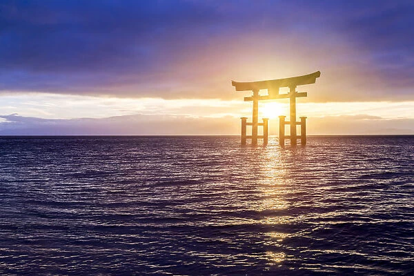 Japanese Torii Gate at sunrise, Lake Biwa, Takashima, Shiga prefecture, Japan