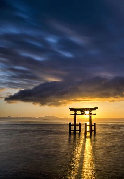 Japanese Torii Gate at Sunrise, Lake Biwa, Takashima, Shiga Prefecture, Japan