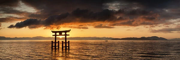 Japanese Torii Gate at Sunrise, Lake Biwa, Takashima, Shiga Prefecture, Japan