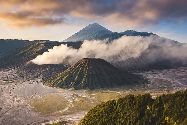 Java, Indonesia, South East Asia. High angle view of Mount Bromo at sunrise