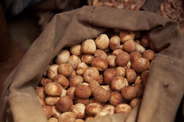 Jessore, Bangladesh. Loose nutmeg for sale at a local market