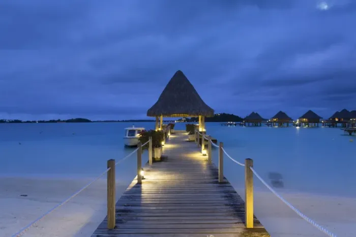 Framed Print : Jetty of Intercontinental Bora Bora Le Moana Resort at dusk, Bora Bora, Society Islands Framed Print : Jetty of Intercontinental Bora Bora Le Moana Resort at dusk, Bora Bora, Society Islands