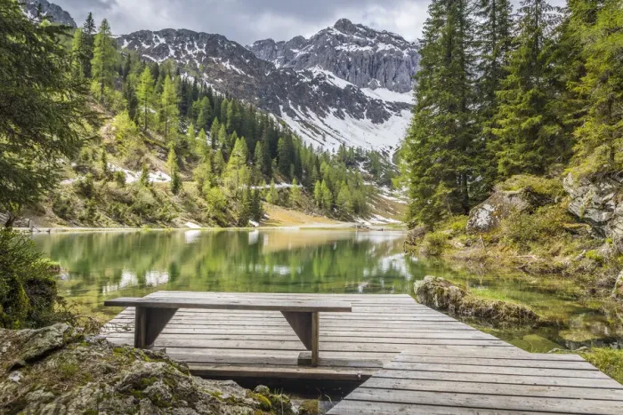 Framed Print : Jetty at Lake Klapfsee (1, 680 m) in Dorfertal valley, Obertilliach, East Tyrol, Tyrol, Austria