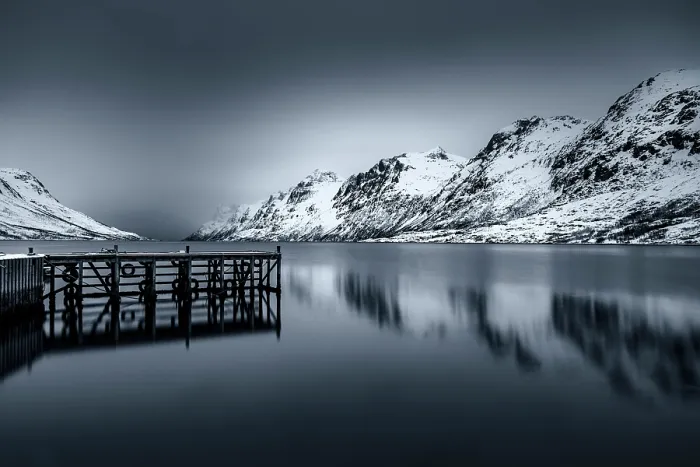 Framed Print : Jetty and mountains at dusk, Ersfjorden, Ersfjordbotn, island of Kvaloya, near Tromos, Norway
