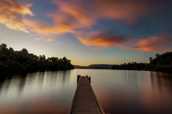 Framed Print : Jetty at Sunset, Lake Mapourika, South Island, New Zealand Framed Print : Jetty at Sunset, Lake Mapourika, South Island, New Zealand