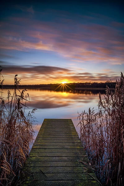 Jetty at Sunset, Norfolk Broads National Park, Norfolk, England