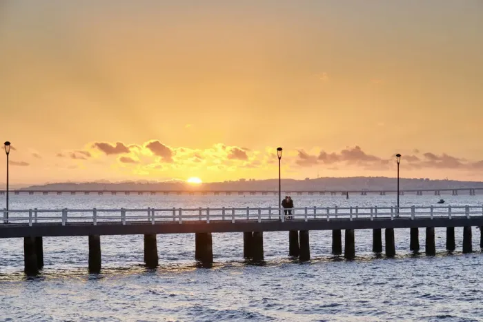 Framed Print : Jetty on Tagus river at sunset. Alcochete, Portugal