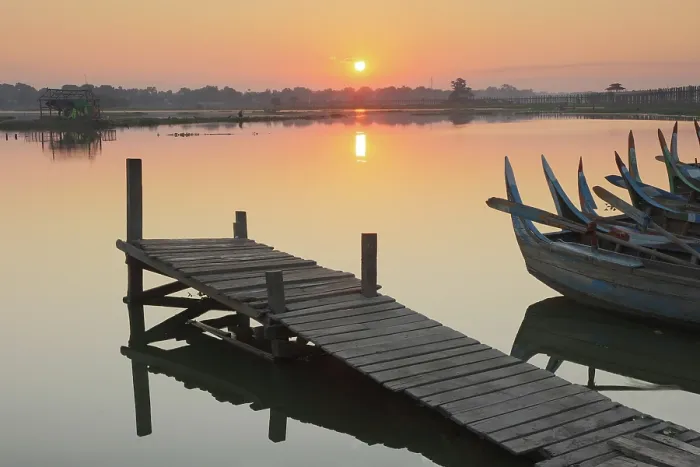 Framed Print : Jetty a traditional painted fishing boats at sunrise, Taungthaman Lake, Amarapura, near Mandalay, Myanmar (Burma), Asia Framed Print : Jetty a traditional painted fishing boats at sunrise, Taungthaman Lake, Amarapura, near Mandalay, Myanmar (Burma), Asia