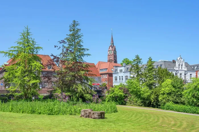 Framed Print : Jever castle park with Protestant city church, East Frisia, Lower Saxony, Germany Framed Print : Jever castle park with Protestant city church, East Frisia, Lower Saxony, Germany