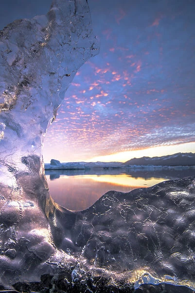 Jokulsarlon glacier lagoon, East Iceland. The lagoon seen from a transparent block of ice