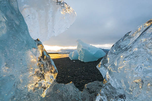 Jokulsarlon glacier lagoon, Iceland. Blocks of ice ashore over the black sand beach