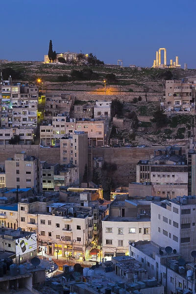 Jordan, Amman, elevated view of Central Amman and Citadel