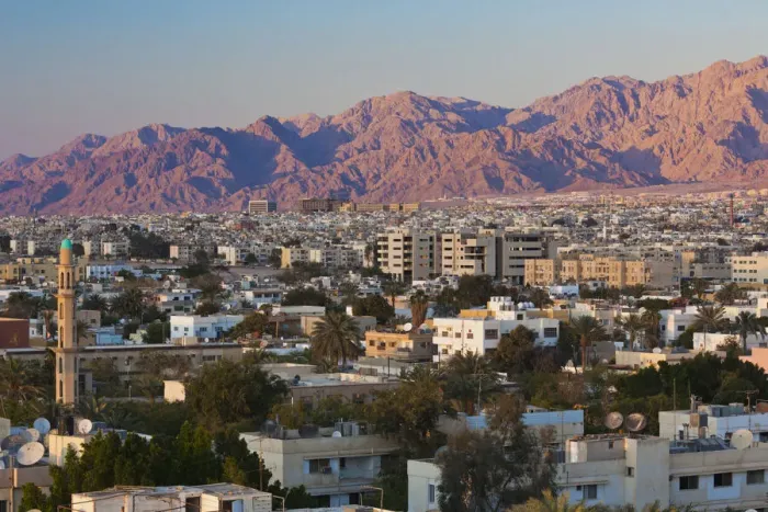Framed Print : Jordan, Aqaba, elevated city view, sunset Framed Print : Jordan, Aqaba, elevated city view, sunset