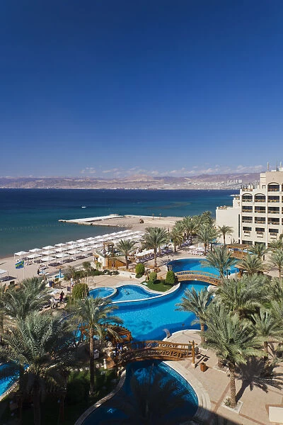Jordan, Aqaba, elevated view of Red Sea and Eilat, Israel from Intercontinental Hotel