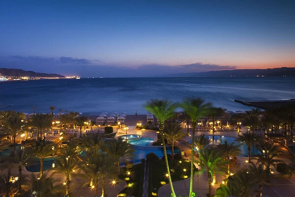Jordan, Aqaba, elevated view of the Red Sea and hotel swimming pool