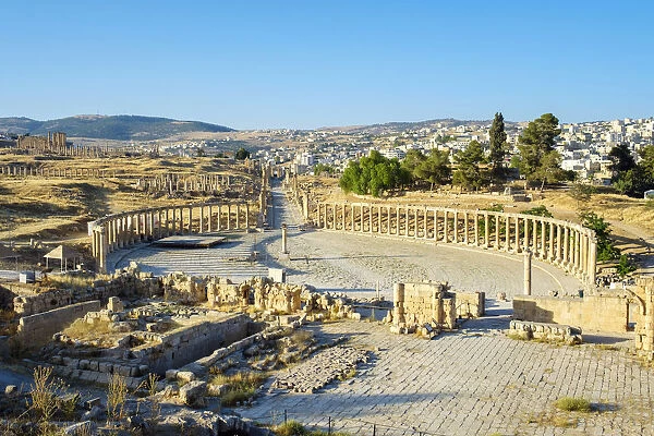 Jordan, Jerash Governorate, Jerash. Oval Plaza at the center of the ancient Roman
