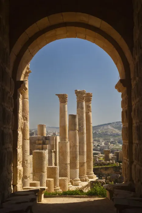 Framed Print : Jordan, Jerash, overview of Roman-era city ruins, columns Framed Print : Jordan, Jerash, overview of Roman-era city ruins, columns
