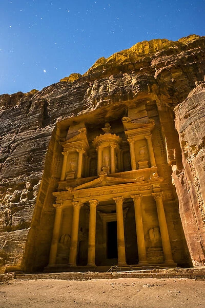 Jordan, Ma an Governorate, Petra. UNESCO World Heritage Site. Stars above Al-Kazneh