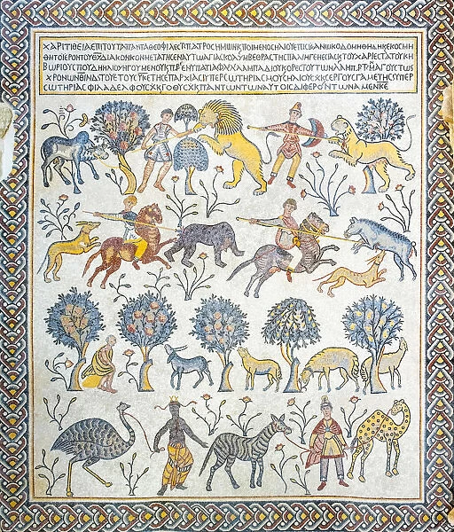 Jordan, Madaba Governorate, Mount Nebo. Byzantine mosaics inside the Memorial Church