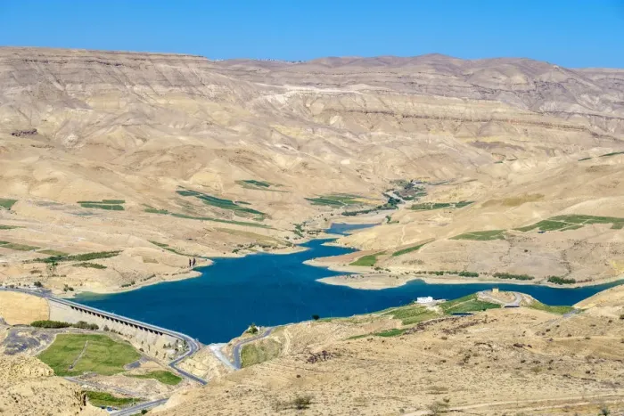 Framed Print : Jordan, Madaba Governorate, Wadi Mujib. Mujib Reservoir and dam along the King s Framed Print : Jordan, Madaba Governorate, Wadi Mujib. Mujib Reservoir and dam along the King s