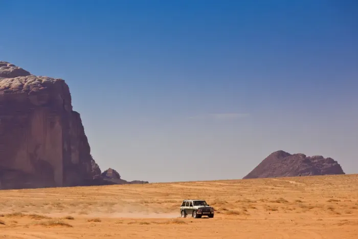 Framed Print : Jordan, Wadi Rum, Rum village, 4x4 jeep